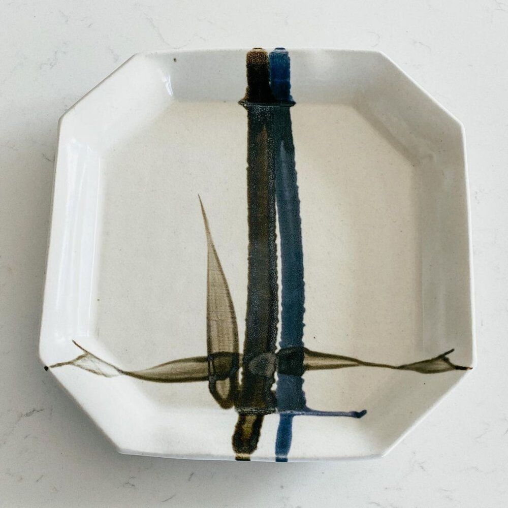 Vintage Studio Pottery Signed Octagonal Platter, Abstract Brushwork, MCM Neutral
